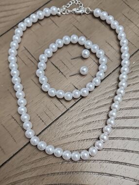 4pcs Faux Pearl Beaded Necklace Bracelet Earrings Set, Bridal Wedding Jewelry